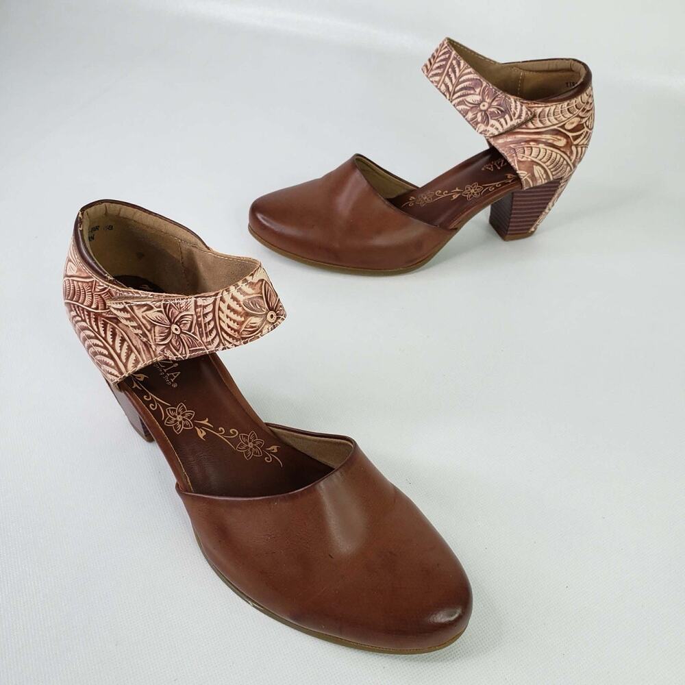 L'Artiste by Spring Step Toolie Brown Tooled Leather Mary Jane Shoes Women's 8